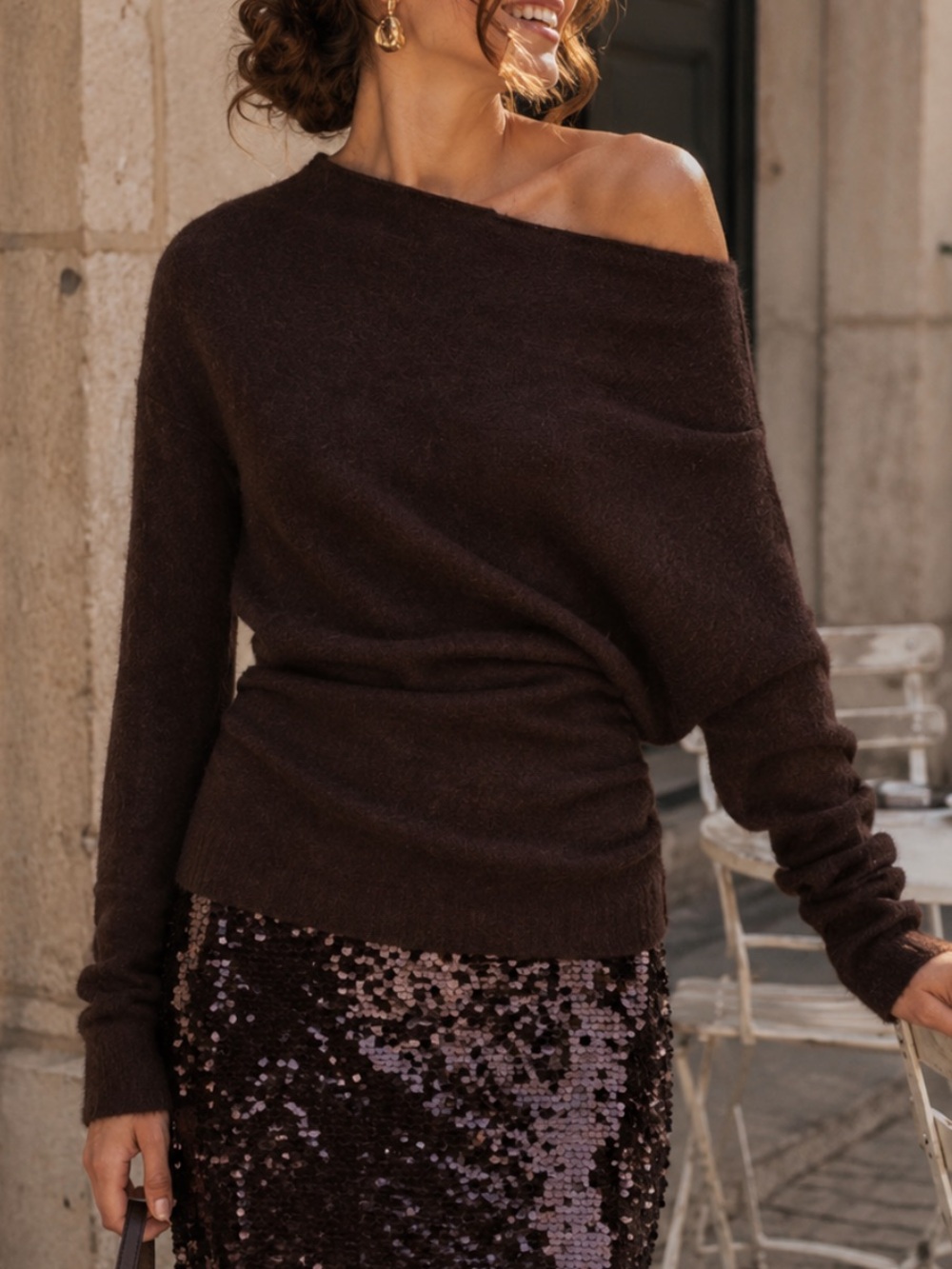 A.L.C Freya Off Shoulder Asymmetrical Alpaca Draped Sweater Dark Umber Brown